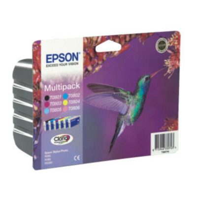 Epson Hummingbird T0807 Claria Photographic Ink, Ink Cartridge, Black, Cyan, Magenta, Yellow, Light Cyan, Light Magenta Multipack, C13T08074010